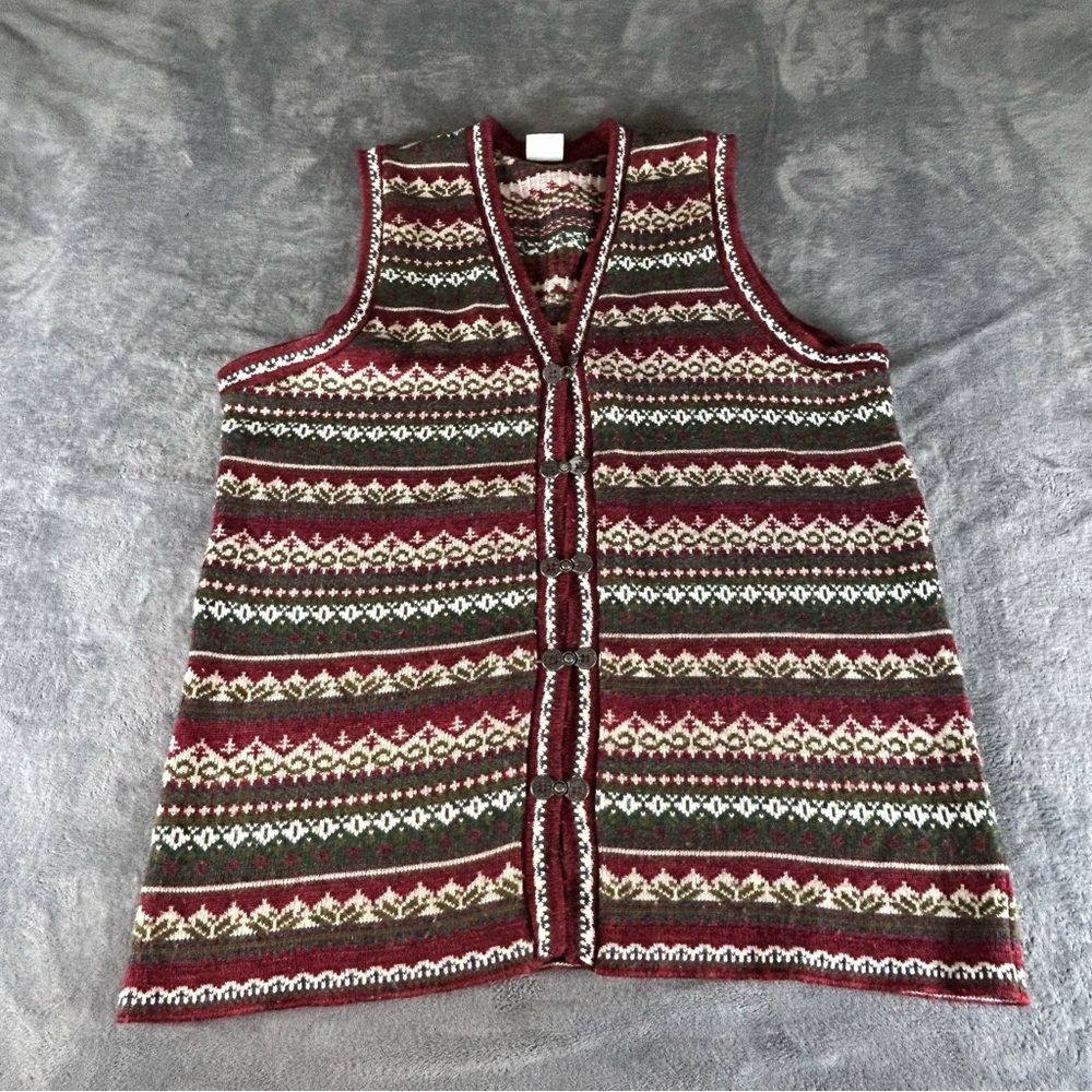 Vtg Carolina Colours Sweater Vest Womens 1x ? Fair Isle Long Line Metal Buckles - Picture 2 of 8